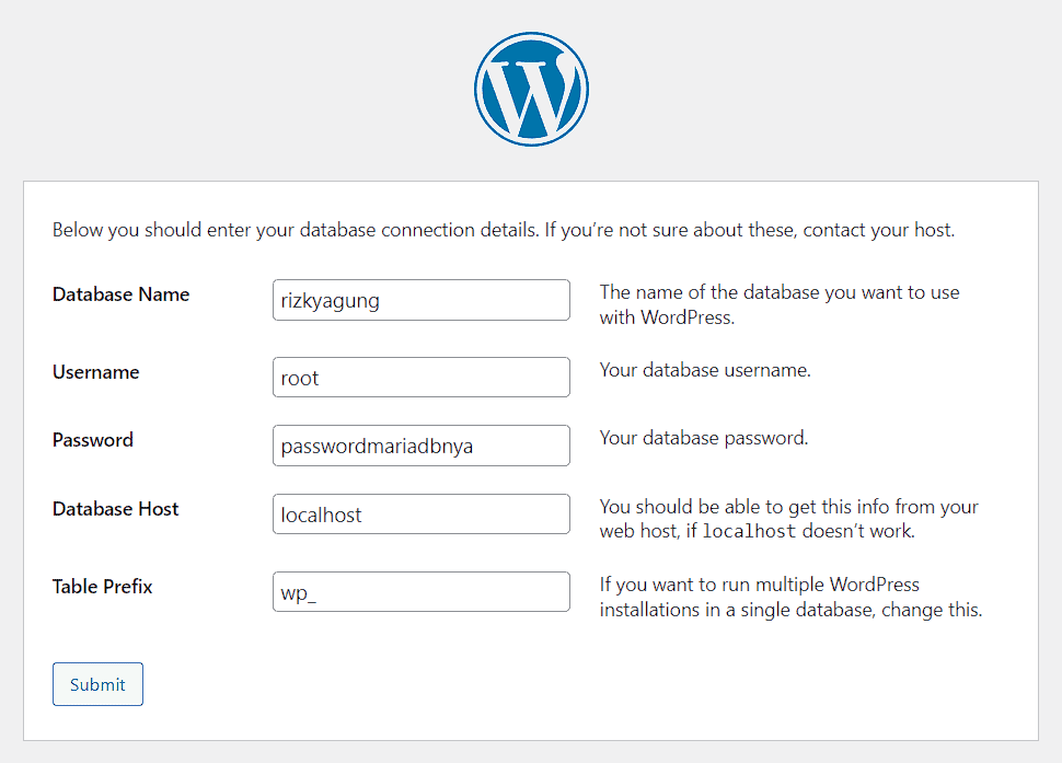 Memasukkan data koneksi Database MariaDB di Wordpress